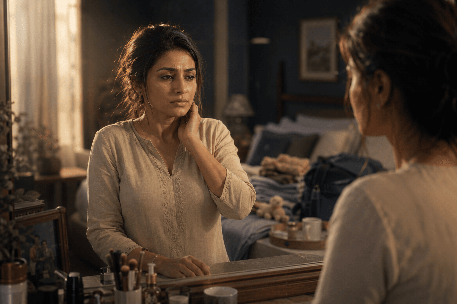 A woman meeting her own reflection in the mirror