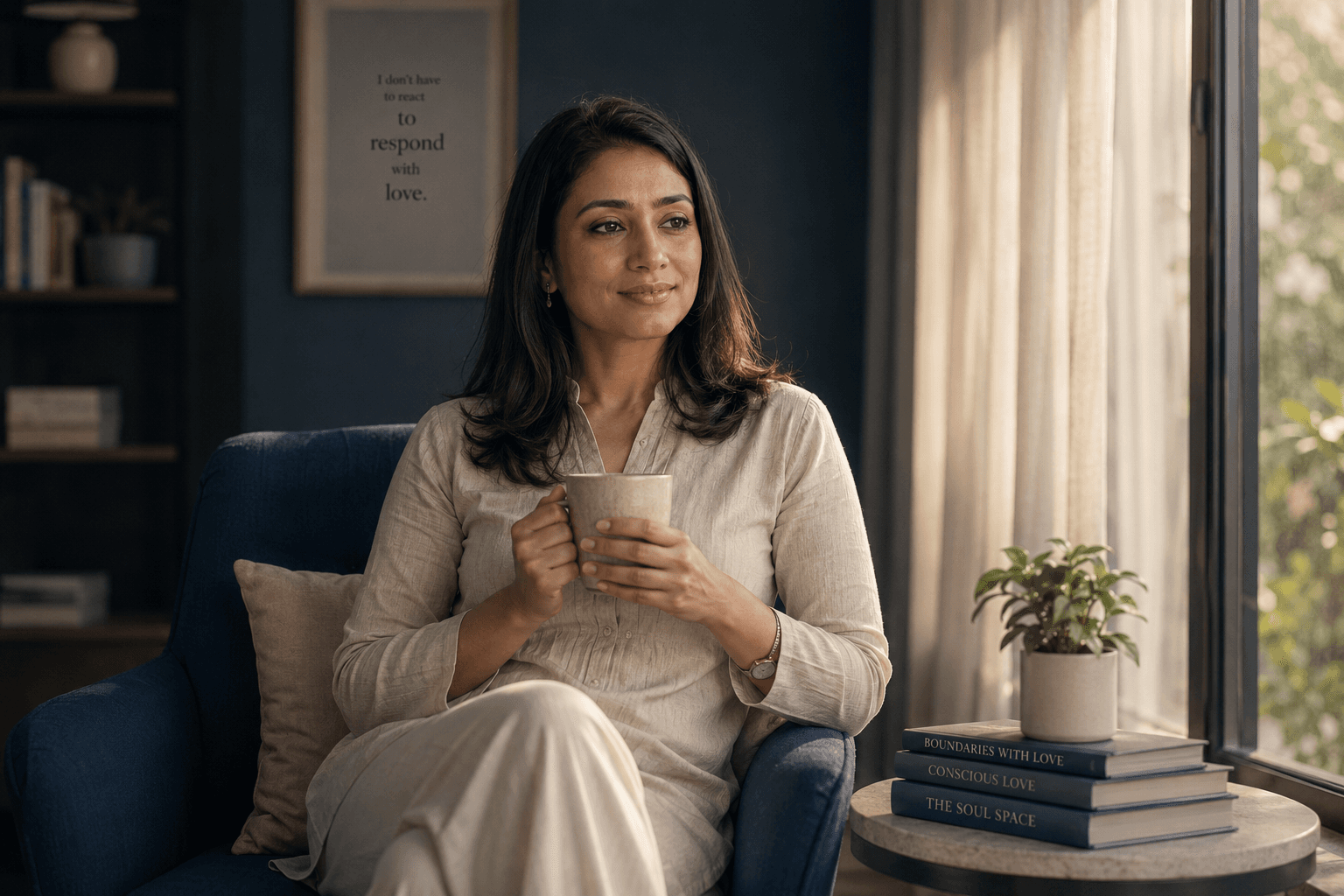 A woman sitting quietly with her tea, calmer than before
