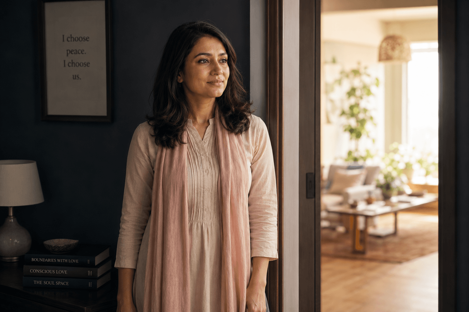 A woman standing at a doorway, choosing peace